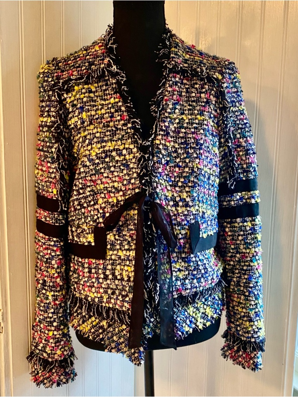Rachel Zoe Multicolor Bouclé Tie-Front Blazer with Black Trim